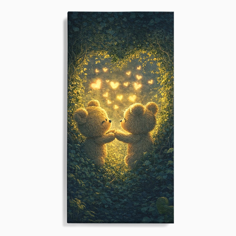 Tablou canvas cu doi ursuleti pufosi in padure, fara rama, pe sasiu de lemn
